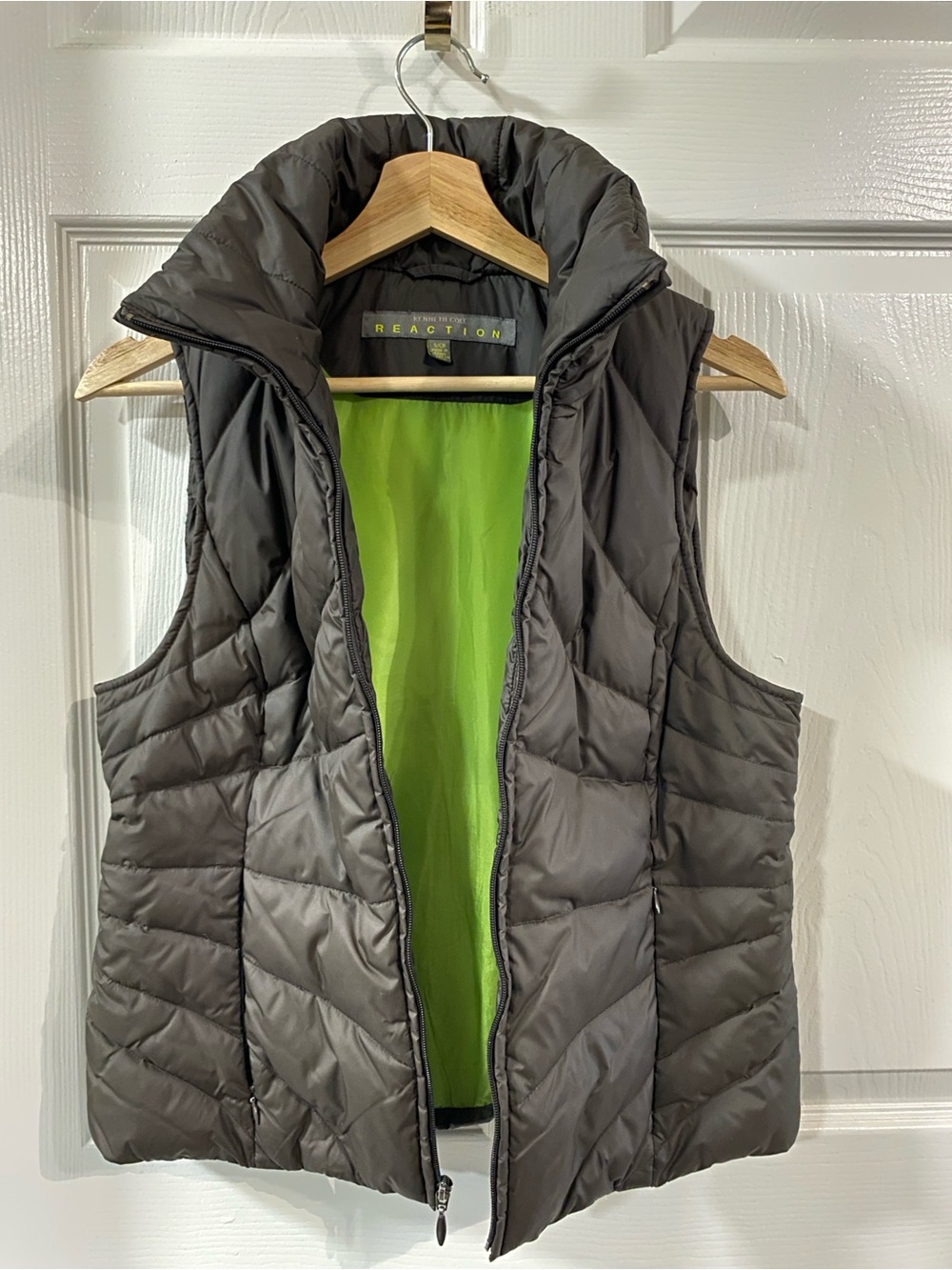 Y2K Kenneth Cole WMNS S Down Puffer Vest Chocolate Brown Lime Green Interior - Picture 3 of 5